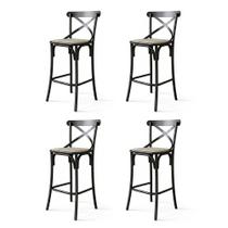 Conjunto 4 Banquetas Cross Alta em Aço Preta com Assento em Corano e Encosto X para Bancada - Bege Conjunto 4 Banquetas Cross Alta em Aço Preta com Assento em Corano e Encosto X para Bancada - Bege