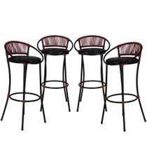 Conjunto 4 Banquetas Havaí em Fio de Fibra Artesanal para Bar, Bancada, Lanchonete - Preto Vermelho