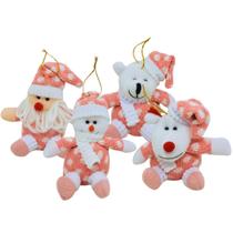 Conjunto 4 Bonecos Pelúcia Rosa Pendente Natal Papai Noel, Boneco Neve, Urso e Rena 14cm - Master Christmas