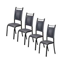 Conjunto 4 Cadeiras Chicago de Jantar em Couro Cinza e Rattan com Metal Preto - BM Tubulares