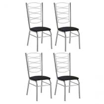 Conjunto 4 Cadeiras Cromadas com Reforço Assento Estofado Preto para Sala de Jantar Gat Magazine