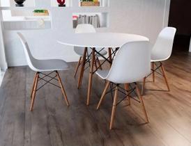Conjunto 4 Cadeiras Eiffel Eames Branca + 1 Mesa Eames 80cm Branca Base Madeira Sala Cozinha - Universal Mix