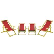 Conjunto 4 Cadeiras Espreguiçadeira Dobrável Madeira Maciça Natural 2 Adulto 2 Infantil Vermelho - Móveis Brasil