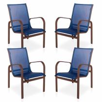 Conjunto 4 Cadeiras Para Varanda, Área Externa, Gourmet e Jardim - Marrom em Tela Sling Azul