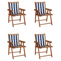 Conjunto 4 Cadeiras Praia Dobrável em Madeira Envernizada Mel com Tecido Listrado Azul e Branco