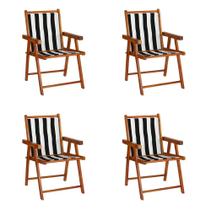 Conjunto 4 Cadeiras Praia Dobrável em Madeira Envernizada Mel com Tecido Listrado Preto e Branco