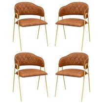 Conjunto 4 Cadeiras Veneza Couro Caramelo Metal Dourado - C&M Decor Conjunto 4 Cadeiras Veneza Couro Caramelo Metal Dourado - C&M Decor