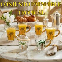 Conjunto 4 Canecas Com Açucareiro E Molheira De Vidro Resistente Palm Tree Tropical Hauskraft