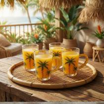 Conjunto 4 Canecas De Vidro 210ml Palm Tree Palmeira Para Café Chá Sucos Trancoso Colorido Hauskraft