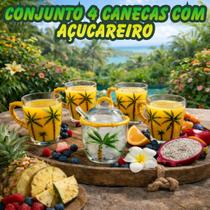 Conjunto 4 Canecas De Vidro E 1 Açucareiro Com Colher Palm Tree Trancoso Colorido Hauskraft Mesa Posta Conjunto 4 Canecas De Vidro E 1 Açucareiro Com Colher Palm Tree Trancoso Colorido Hauskraft Mesa Posta