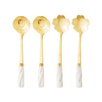 Conjunto 4 Colheres de Chá de Aço Inox com Cabo de Cerâmica Flowers Dourado/Branco - Wolff
