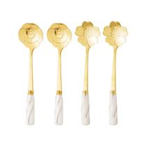 Conjunto 4 Colheres de Chá de Aço Inox com Cabo de Cerâmica Flowers Dourado/Branco - Wolff