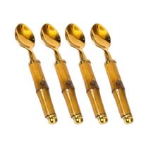 Conjunto 4 Colheres De Sobremesa Wolff De Aço Inox Com Cabo De Bambu Tulum Dourado 16cm