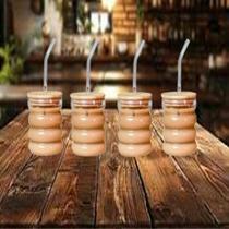 Conjunto 4 Copos 300ml Borossilicato Vidro Tampa Bambu Hermético Canudo
