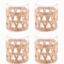 Conjunto 4 Copos de Vidro Wolff Baixos com Sisal 320ml Fibra Natural Mesa Posta Rústica