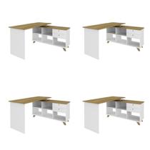 Conjunto 4 Escrivaninhas Retrô em L para Escritório e Home Office com 2 Gavetas e 5 Nichos Gold