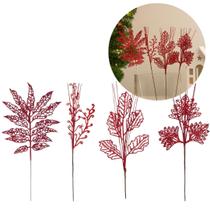 Conjunto 4 Galhos Natalinos Folhagem Decorativa Glitter Vinho 30cm - Magizi Conjunto 4 Galhos Natalinos Folhagem Decorativa Glitter Vinho 30cm - Magizi
