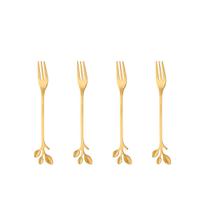 Conjunto 4 garfos aço inox p/aperitivo leaves dourado