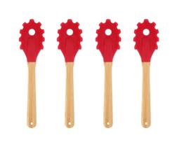 Conjunto 4 Garfos para Massas de Silicone Mor Com Cabo de Bamboo Vermelho Resistente ao Calor