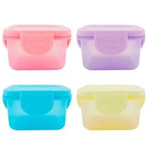 Conjunto 4 mini potes coloridos com trava lateral na tampa 60 ml Conjunto 4 mini potes coloridos com trava lateral na tampa 60 ml