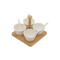 Conjunto 4 Molheiras Porcelana Com Colheres E Suporte Bambu 16X16X13Cm Bon Gourmet