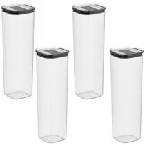 Conjunto 4 Organizadores Herméticos Quadrado 2L com Vedação Segura Design Empilhável para Armazenar Mantimentos Cozinha Grãos Massas Café Açúcar