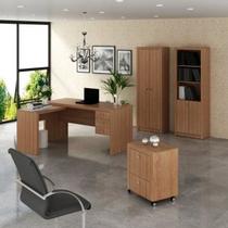 Conjunto 4 Peças com Escrivaninha em L, Gaveteiro, Armário Multiuso Alto e Estante Livreiro Amêndoa Marrom Conjunto 4 Peças com Escrivaninha em L, Gaveteiro, Armário Multiuso Alto e Estante Livreiro Amêndoa Marrom