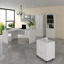 Conjunto 4 Peças com Escrivaninha em L, Gaveteiro, Armário Multiuso Alto e Estante Livreiro Branco Conjunto 4 Peças com Escrivaninha em L, Gaveteiro, Armário Multiuso Alto e Estante Livreiro Branco