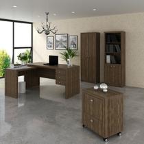 Conjunto 4 Peças com Escrivaninha em L, Gaveteiro, Armário Multiuso Alto e Estante Livreiro Marrom Conjunto 4 Peças com Escrivaninha em L, Gaveteiro, Armário Multiuso Alto e Estante Livreiro Marrom