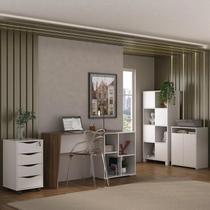 Conjunto 4 Peças com Escrivaninha Moderna, Gaveteiro Bit, Armário com Nichos e Balcão Multiuso 2 Portas Ipê Branco