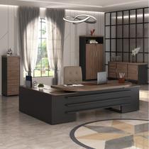 Conjunto 4 Peças com Mesa Diretor em L, Gaveteiro, Balcão e Armário Alto em Tamburato Charuto Preto