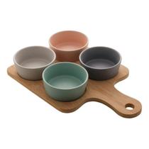 Conjunto 4 Petisqueiras Ceramica Com Bandeja De Bambu Lyor