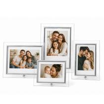 Conjunto 4 Porta-Retratos Vidro Borda Prata Premium 10x15 e 15x21 Vertical e Horizontal