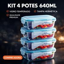 Conjunto 4 Pote Vidro Hermético Marmita Tampa Plástico 640ml Conjunto 4 Pote Vidro Hermético Marmita Tampa Plástico 640ml