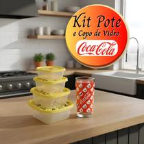 Conjunto 4 Potes BPA Free Tampa Vedação com 1 Copo Vidro Coca-Cola 390ml