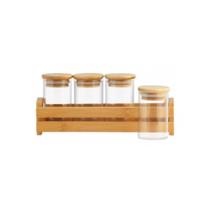 Conjunto 4 Potes De Vidro Borossilicato Tampa De Bambu C/ Suporte Design Elegante Prático - Allmix