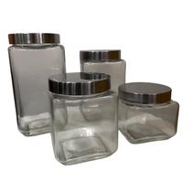 Conjunto 4 Potes de Vidro Hermético Quadrado com Tampa Inox Conjunto 4 Potes de Vidro Hermético Quadrado com Tampa Inox