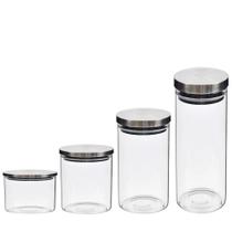 Conjunto 4 Potes Vidro Borossilicato Tampa Inox Hermética Conjunto 4 Potes Vidro Borossilicato Tampa Inox Hermética