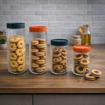 Conjunto 4 Potes Vidro Conserva Alimentos Mantimentos Guarda Conserva Comida Bolacha Vasilha