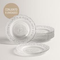 Conjunto 4 Pratos Fundos Vidro Transparente 22cm Design Clássico Elegante Relevo Resistente Mesa Posta Jantar Sobremesa