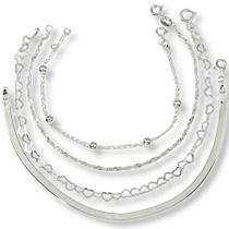 Conjunto 4 Pulseira Prata Maciça 925 Laminada Torcida Bola