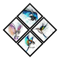 Conjunto 4 Quadros Arte Aves Pássaros Forma Geométrica