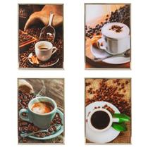 Conjunto 4 Quadros Decorativos Café Grãos e Xícara Dourado 15 x 20 cm