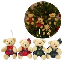 Conjunto 4 Ursinhos de Natal Pelúcia Sentados Xadrez Verde e Vermelho Pendente 10cm Premium