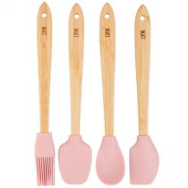 Conjunto 4 Utensílios 20cm Silicone Cabo Bambu Rosa Lyor Mini Cozinha Decoração