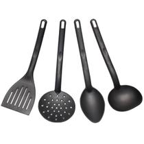 Conjunto 4 Utensílios de Cozinha Plástico Preto Colher Concha Escumadeira Espátula Conjunto 4 Utensílios de Cozinha Plástico Preto Colher Concha Escumadeira Espátula