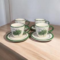 Conjunto 4 Xícaras 200ml e Pires Para Tomar Chá Pintado á Mão