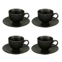 Conjunto 4 Xícaras Cerâmica para Chá Com Pires Preto 195ml Bom Gourmet