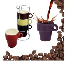 Conjunto 4 Xícaras Coloridas 210ml Café Cerâmica Com Suporte