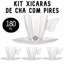 Conjunto 4 Xícaras De Café Chá Com Pires Luxo 180ML Modelo Butterfly Jogo Xicara De Canecas Vidro